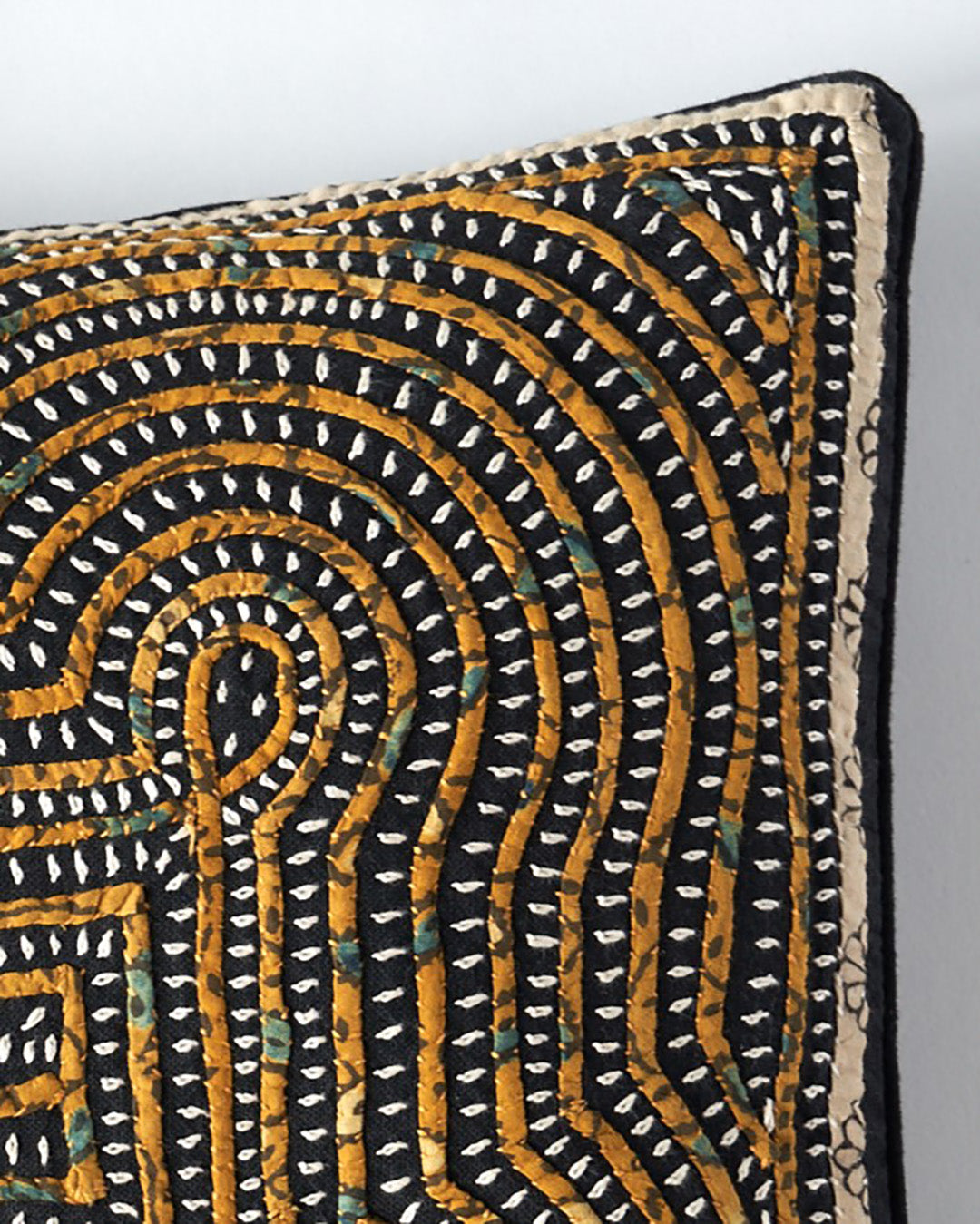 Kala Rama -Hand Appliqued Cushion with Embroidery - Black and Yellow