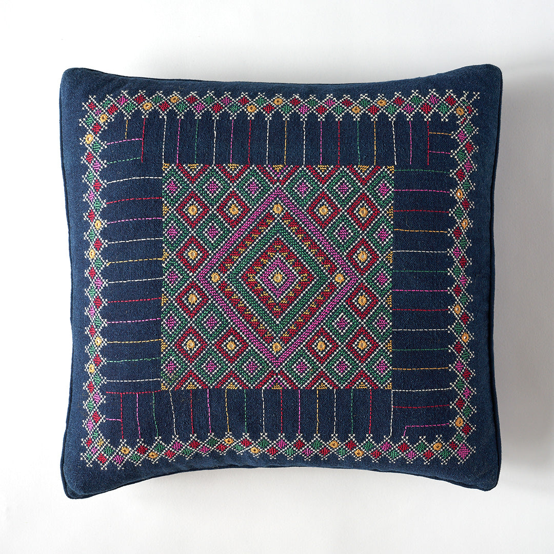 Kala Rama Geometric Jewel Design - Hand Embroidered Cushion - Blue