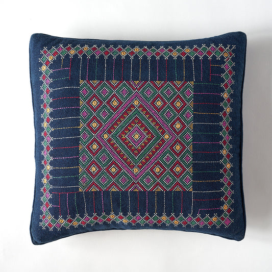 Kala Rama Geometric Jewel Design - Hand Embroidered Cushion - Blue