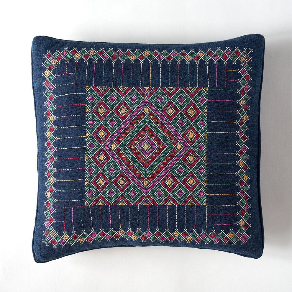 Kala Rama Geometric Jewel Design - Hand Embroidered Cushion - Blue ...