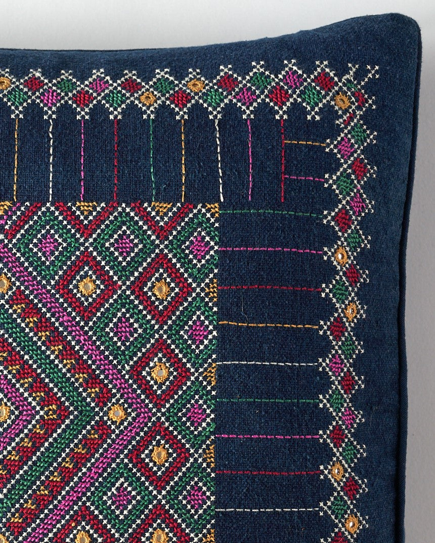 Kala Rama Geometric Jewel Design - Hand Embroidered Cushion - Blue