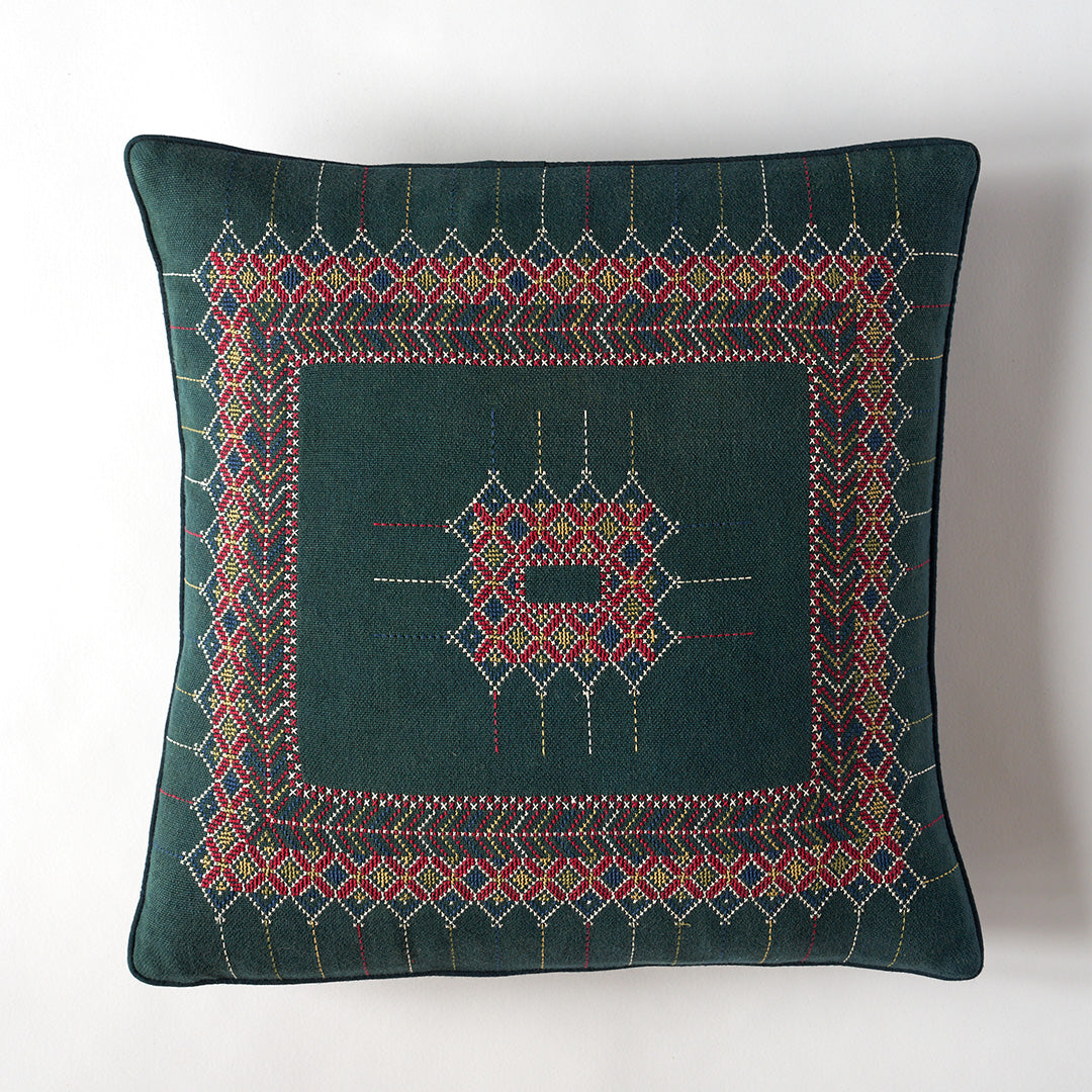 Kala Rama Geometric Jewel Design - Hand Embroidered Cushion - Green