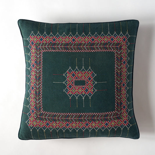 Kala Rama Geometric Jewel Design - Hand Embroidered Cushion - Green