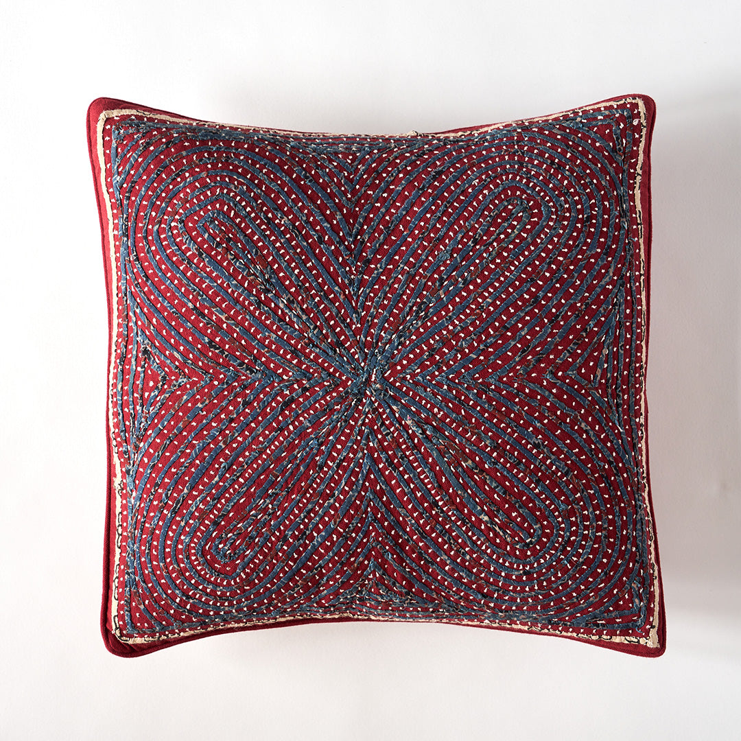 Kala Rama -Hand Appliqued Cushion with Embroidery - Red and Blue
