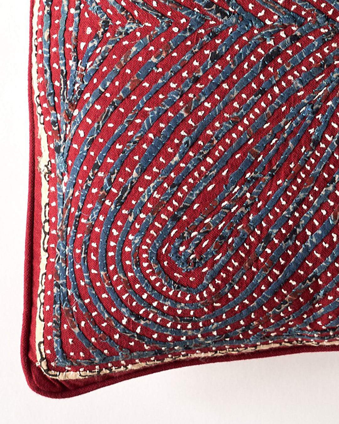 Kala Rama -Hand Appliqued Cushion with Embroidery - Red and Blue