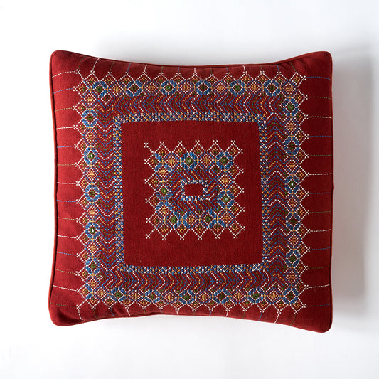 Kala Rama Geometric Jewel Design - Hand Embroidered Cushion - Red