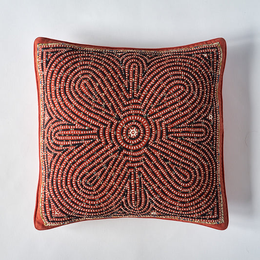 Kala Rama -Hand Appliqued Cushion with Embroidery - Terracotta and Charcoal