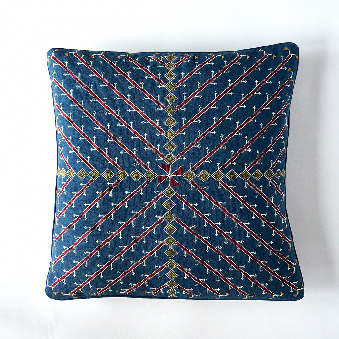 Kala Rama Cross Design - Hand Embroidered Cushion - Blue