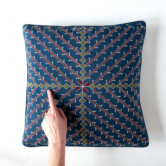 Kala Rama Cross Design - Hand Embroidered Cushion - Blue