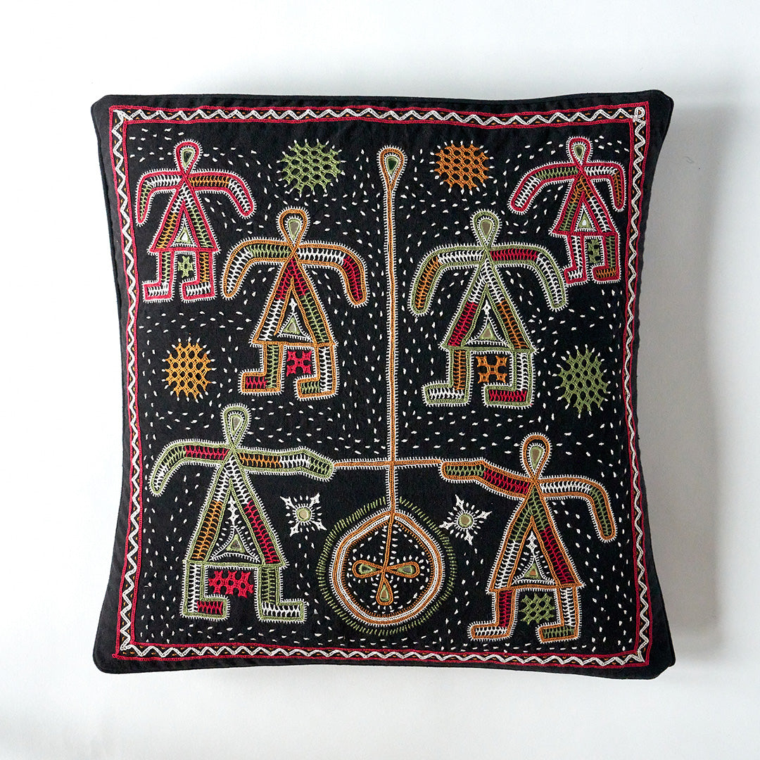 Kala Rama, Figures - Hand Embroidered Cushion - Black
