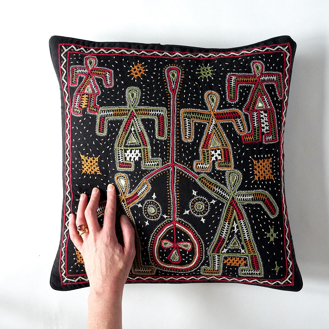 Kala Rama, Figures - Hand Embroidered Cushion - Black