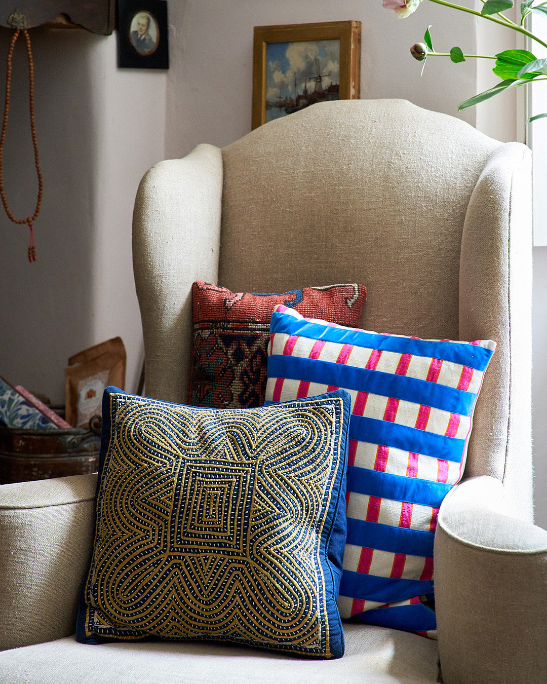 Kala Rajna Kala Rama Geometric Jewel Design - Hand Embroidered Cushion - Blue ...