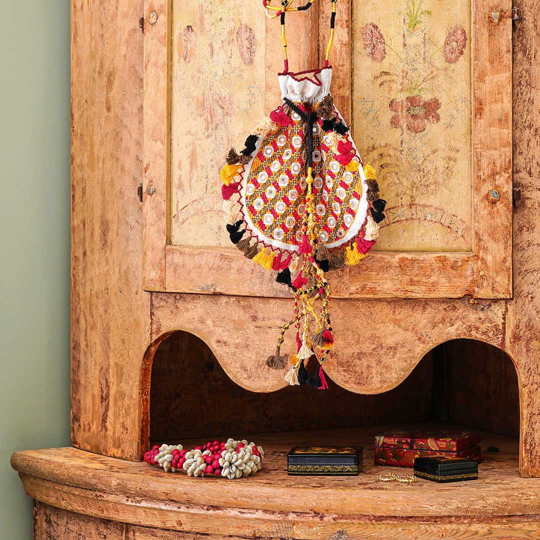 Hand Embroidered Bag with Mirrors and Tassels - Cream