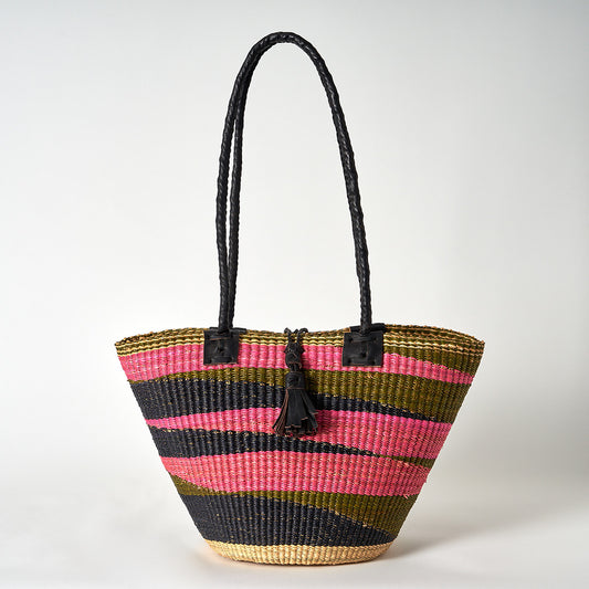 Handbag/Small Shopping Bag with long leather handles - Pink, Navy & Green