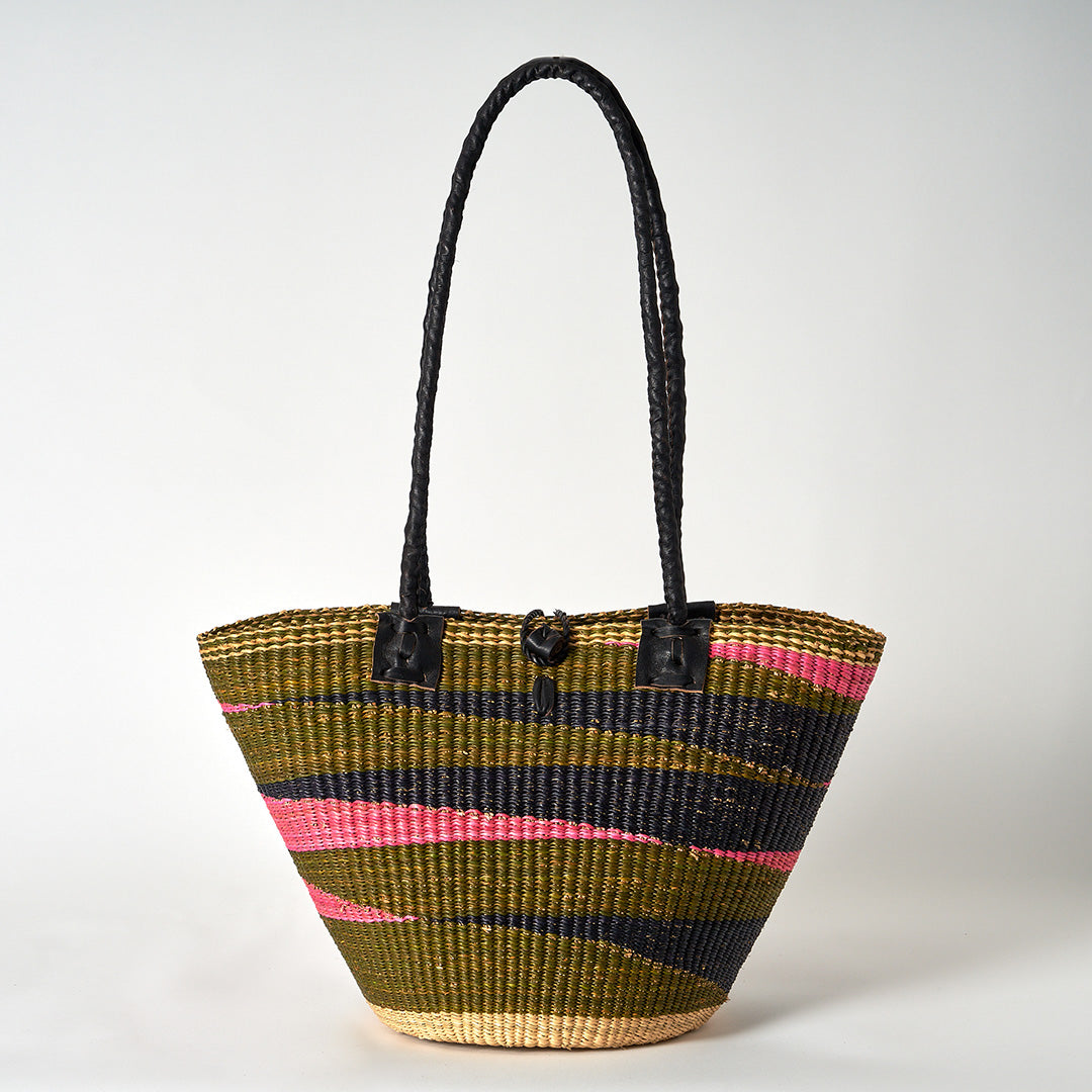 Handbag/Small Shopping Bag with long leather handles - Pink, Navy & Green