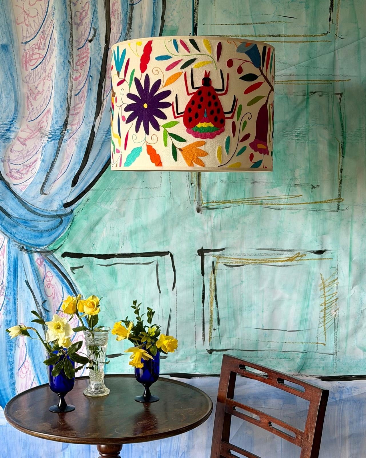 Multicoloured Otomi Table or Ceiling Lampshade - 41cm Diameter