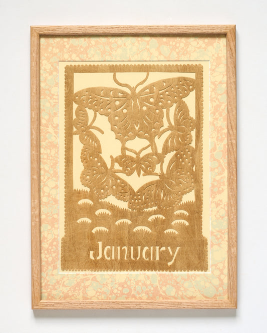 Amate Papercut Artwork with Marbled Mount - January