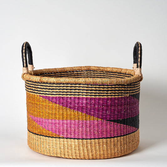 All Sorts Storage Basket with leather bound handle - Nutmeg, pink and Navy
