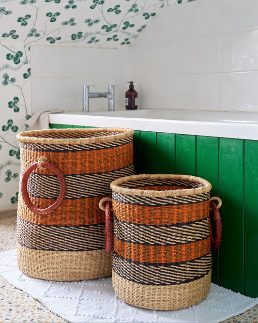 Small Storage/Kindling Basket with leather bound handles - Orange, Navy and Natural