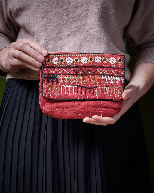 Hand Embroidered Clutch Bag - Red