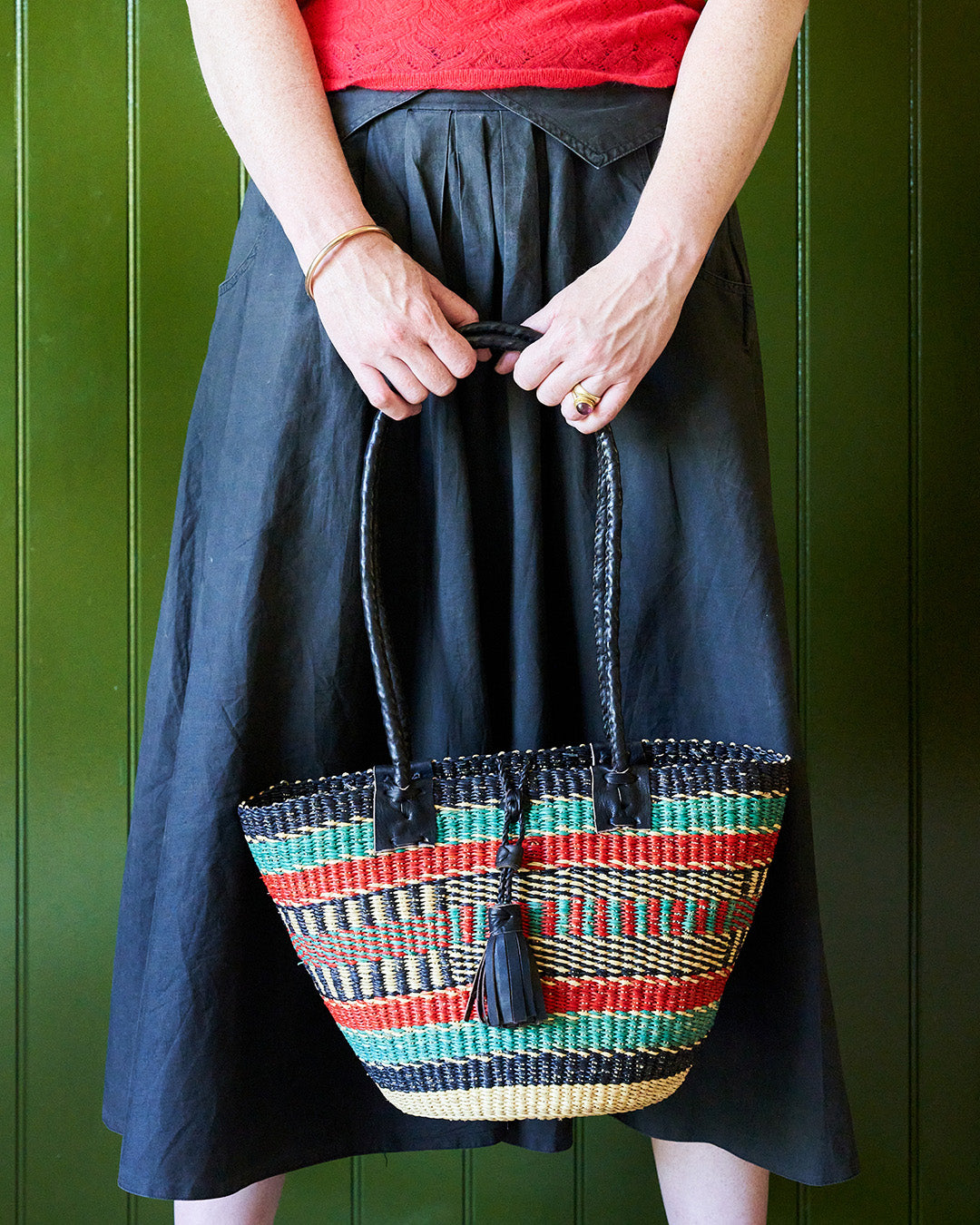 Handbag/Small Shopping Bag with long leather handles - Green, Pink & Navy