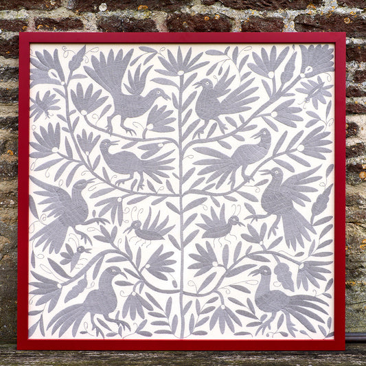 Silver Grey Otomi Artwork in Red Frame