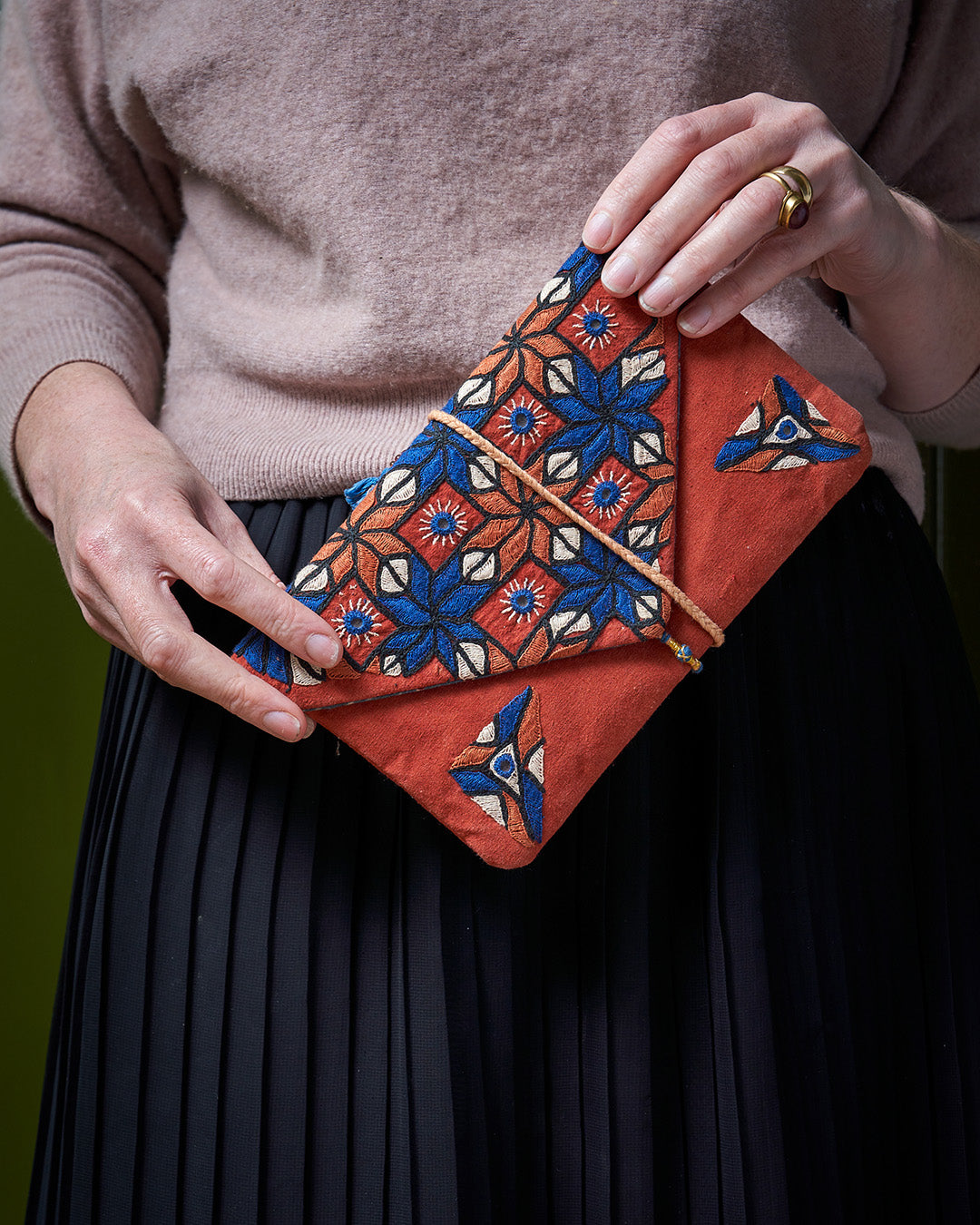 Hand Embroidered Envelope Clutch Bag - Terracotta