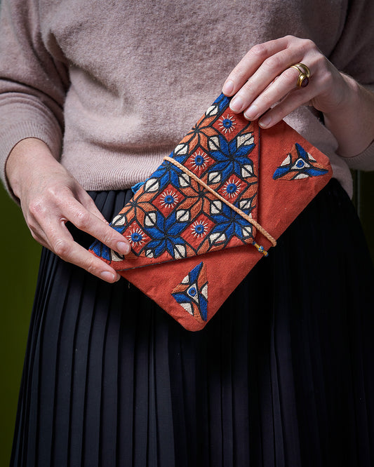 Hand Embroidered Envelope Clutch Bag - Terracotta