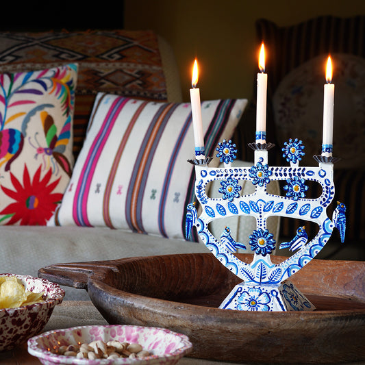Handmade Tin Candleabre - Blue and White