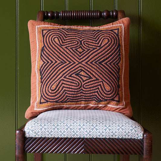 Kala Rama -Hand Appliqued Cushion with Embroidery - Terracotta and Black