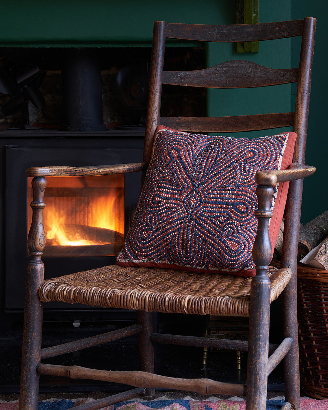 Kala Rama -Hand Appliqued Cushion with Embroidery - Terracotta and Blue