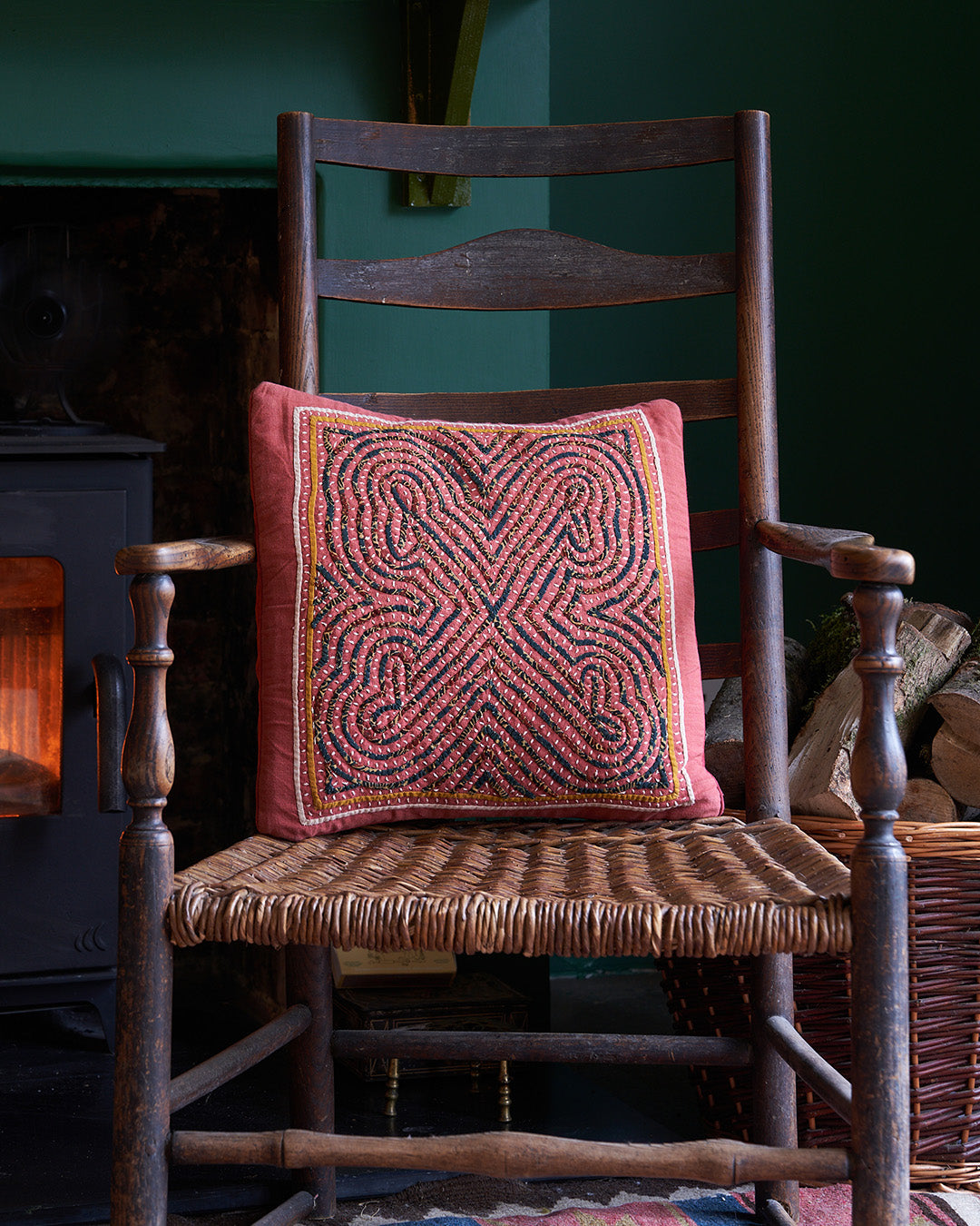 Kala Rama -Hand Appliqued Cushion with Embroidery - Terracotta and Blue