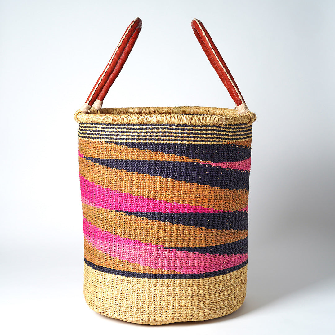 Large Storage Basket with leather bound handle - Pink, Navy and Natural