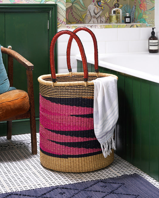Large Storage Basket with leather bound handle - Pink, Navy and Natural