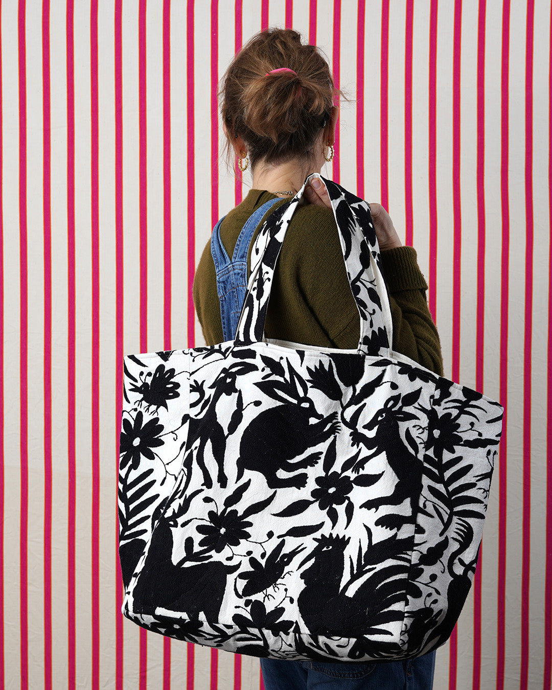 Off Cut Tote Bag - Black Otomi, Hand Embroidered