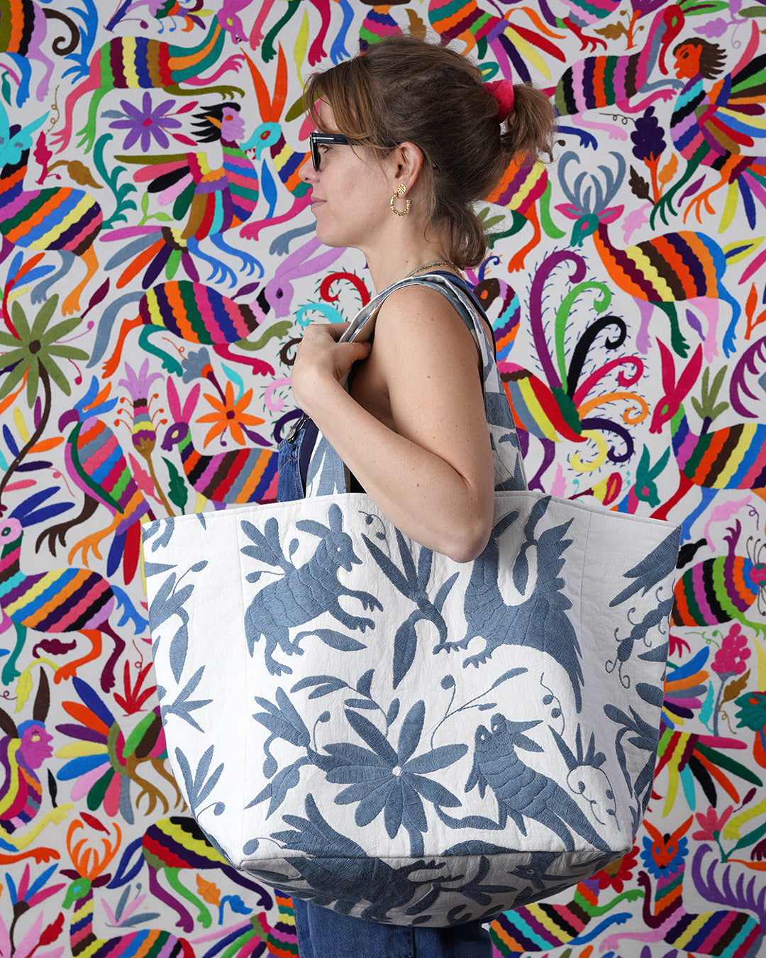 Off Cut Tote Bag - Grey Otomi, Hand Embroidered