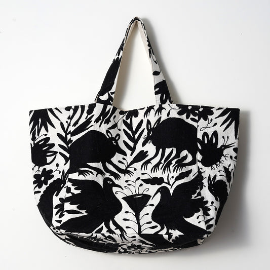 Off Cut Tote Bag - Black Otomi, Hand Embroidered