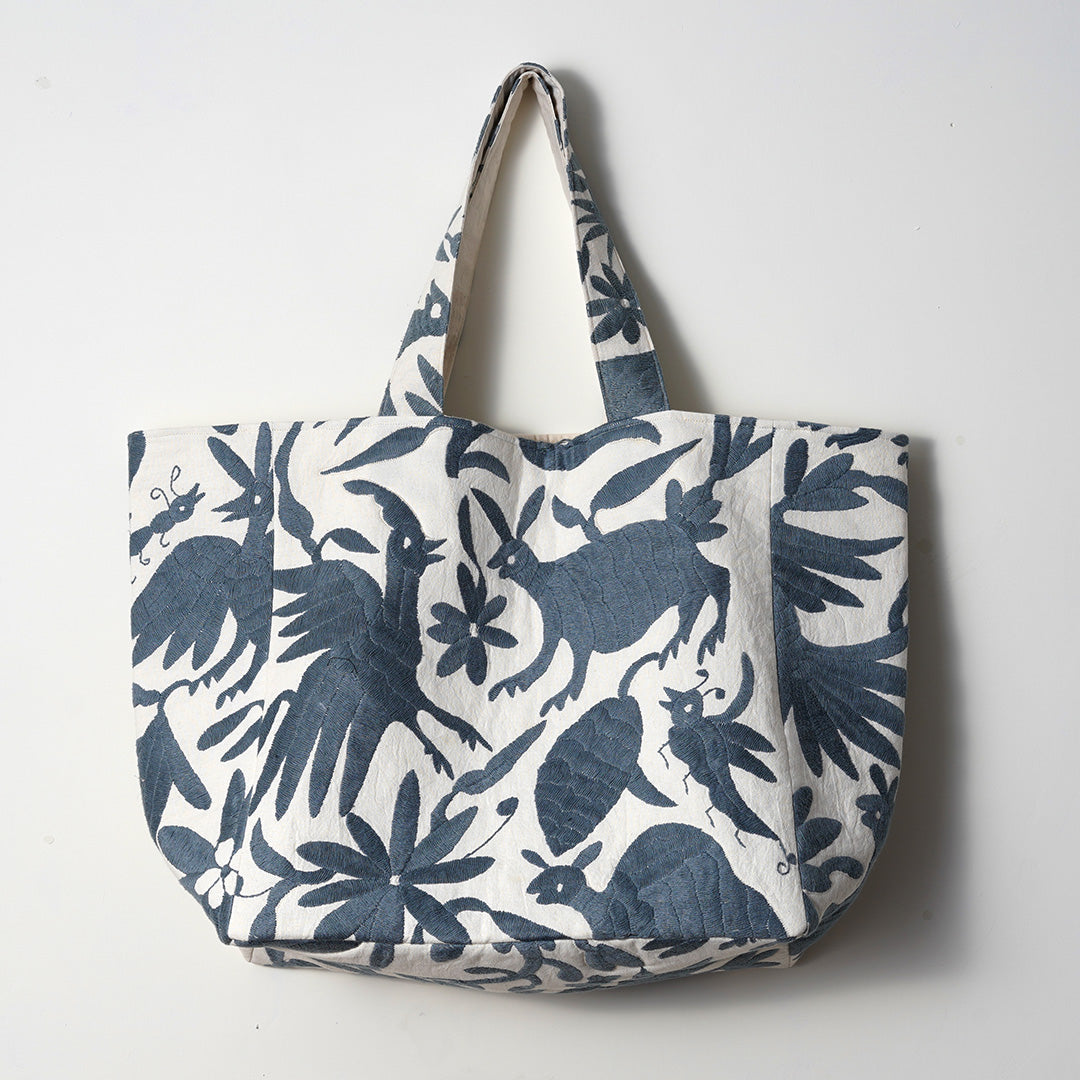 Off Cut Tote Bag - Grey Otomi, Hand Embroidered