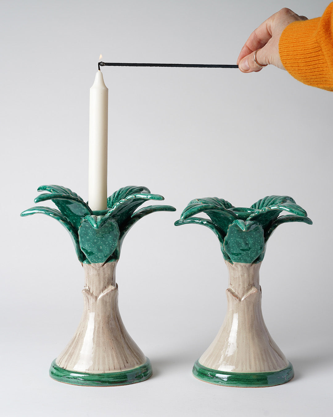 Handmade Palm Tree Candlestick - Medium, Green & Cream
